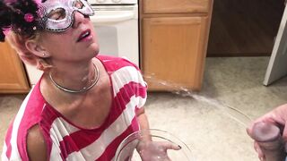 Masked Slave Pissed on in Kitchen