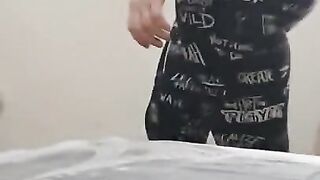 Step Mom Fucked into Step Son Room Ends with Cum on her Thigt Leggings