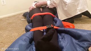 Sexy Foot Fetish Girl Patient in Medical Restraints and Spitmask by a Teasing Doctor