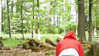 MILF masturbates with dildo in forest. Red Hood, knee highs