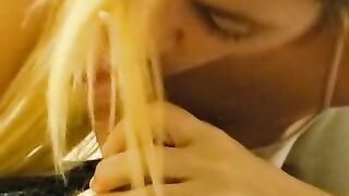 Hot chick sucks roommate's dick, gets mouth full of cum.