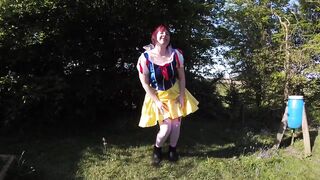 Snow White cosplay flashing Outdoors