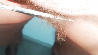 Pubic Haircut with Big Kitchen Scissors - so Scary to Damage my Pussy