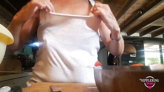 Nippleringlover Flashing Pierced Nipples with Big Heavy Nipple Ring Stretching Nipple while Cooking