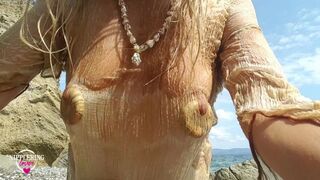 Nippleringlover Nude Beach no Bra see through Wet Shirt Fingering Pierced Pussy Big Fat Nipple Rings