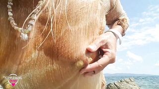 Nippleringlover Nude Beach no Bra see through Wet Shirt Fingering Pierced Pussy Big Fat Nipple Rings