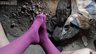 POV Video of NightMiss Feet in Purple Pantyhose Giving Sloppy Handjob