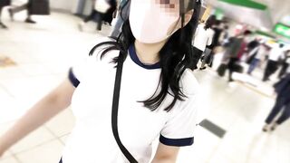 I went running in Ikebukuro with no bra, big tits gym clothes and bloomers and wearing a toy.