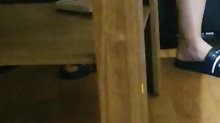 Russian step mom doesn't wear panties under skirt under table open wide legs fucked by step son