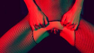 Hot chick sticks her pretty pussy in your face while jerking off in a fishnet bodystocking