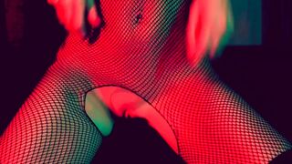 Hot chick sticks her pretty pussy in your face while jerking off in a fishnet bodystocking