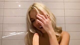 Small Tight Blonde Girl Fucking Herself With A HUGE Dildo in the Shower