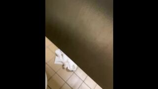 RT running to crowded public rest stop restroom and holding the door open interacting with people