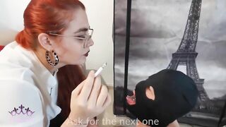 Sexy red head Mistress Aya Queen IL humiliates her human ashtray while smoking