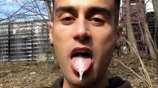 Chewing and swallowing own cum public