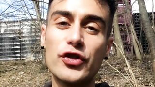 Chewing and swallowing own cum public