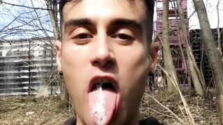 Chewing and swallowing own cum public