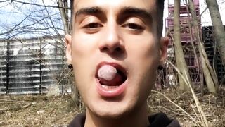 Chewing and swallowing own cum public