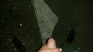 Outdoor cumshot on a big stone at the night