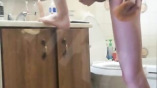 Twink Fucks himself before shower with long big dildo