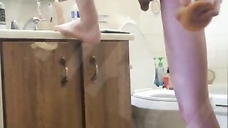 Twink Fucks himself before shower with long big dildo