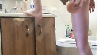 Twink Fucks himself before shower with long big dildo