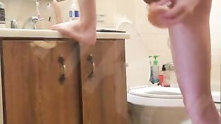 Twink Fucks himself before shower with long big dildo