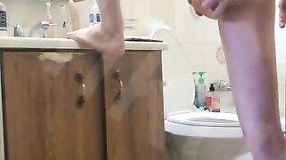 Twink Fucks himself before shower with long big dildo