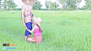 4K Thai Version Cut, Local farmers Thai have sex in the green fields and cums on her back.