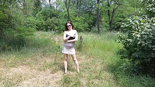 Playing with boobs and pussy in the park - Caressing hard nipples in a public place