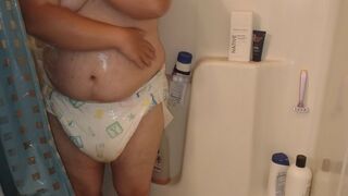 Getting Wet Taking Shower in Soaking Wet Diaper