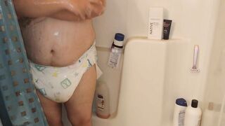 Getting Wet Taking Shower in Soaking Wet Diaper