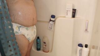 Getting Wet Taking Shower in Soaking Wet Diaper