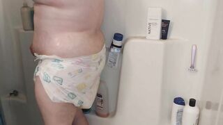 Getting Wet Taking Shower in Soaking Wet Diaper