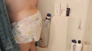 Getting Wet Taking Shower in Soaking Wet Diaper