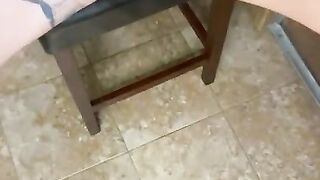 Petite blonde peeing on chair