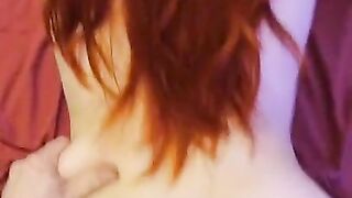 POV close up red head riding me without condom at Xmas party