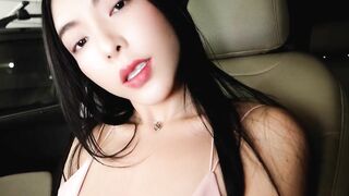 Flawless Chinese babe with DD Tits striptease in car