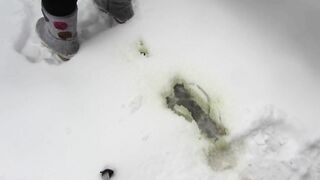 Pissing standing in the snow taking off pantyhose and panties of a milf with an elastic booty.