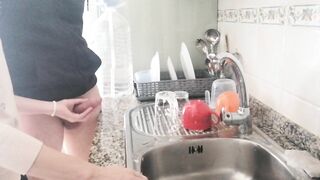 This girl uses my pissing cock to wash the dishes