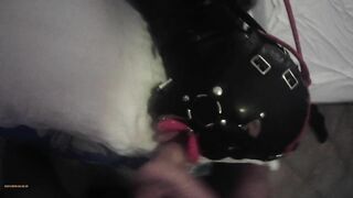 TEASER Laura is hogtied in latex catsuite and high heels, throated with a lip open mouth gag POV