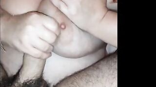 she jerks me between her big boobs to have her dose of sperm to swallow