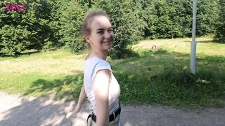 Beautiful girl in the outdoors shows her naked Tits and Pussy PUBLIC