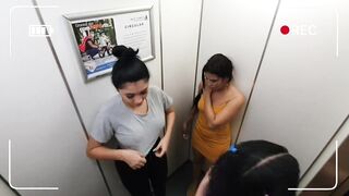 two hot girls stuck in the elevator having public sex