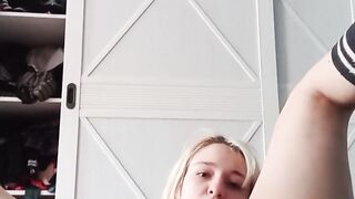 Gentle cute charming homemade striptease in pink and masturbation and violent orgasm close up