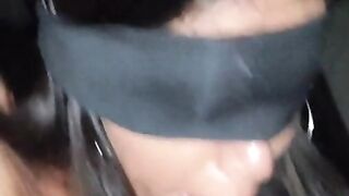 Blindfolded Step Sister sucking my fat dick for the very first time and get a big load full of cum