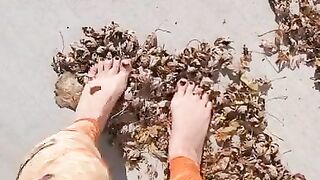 Giantess Femdom Leaf Barefoot Stomp Foot Fetish Black Toes Crush Fetish Wrinkled Soles