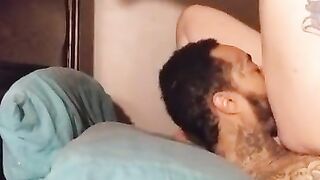 Tattooed white chick rides husbands face blind folded until she cums