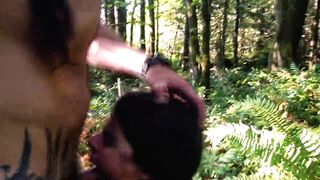 Very rough throat fuck with ring gag for submissive in the public forest