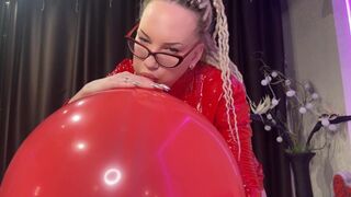 Looner girl in glasses and red PVC dress blow BIG red balloon and pop it with ass. DM to get full